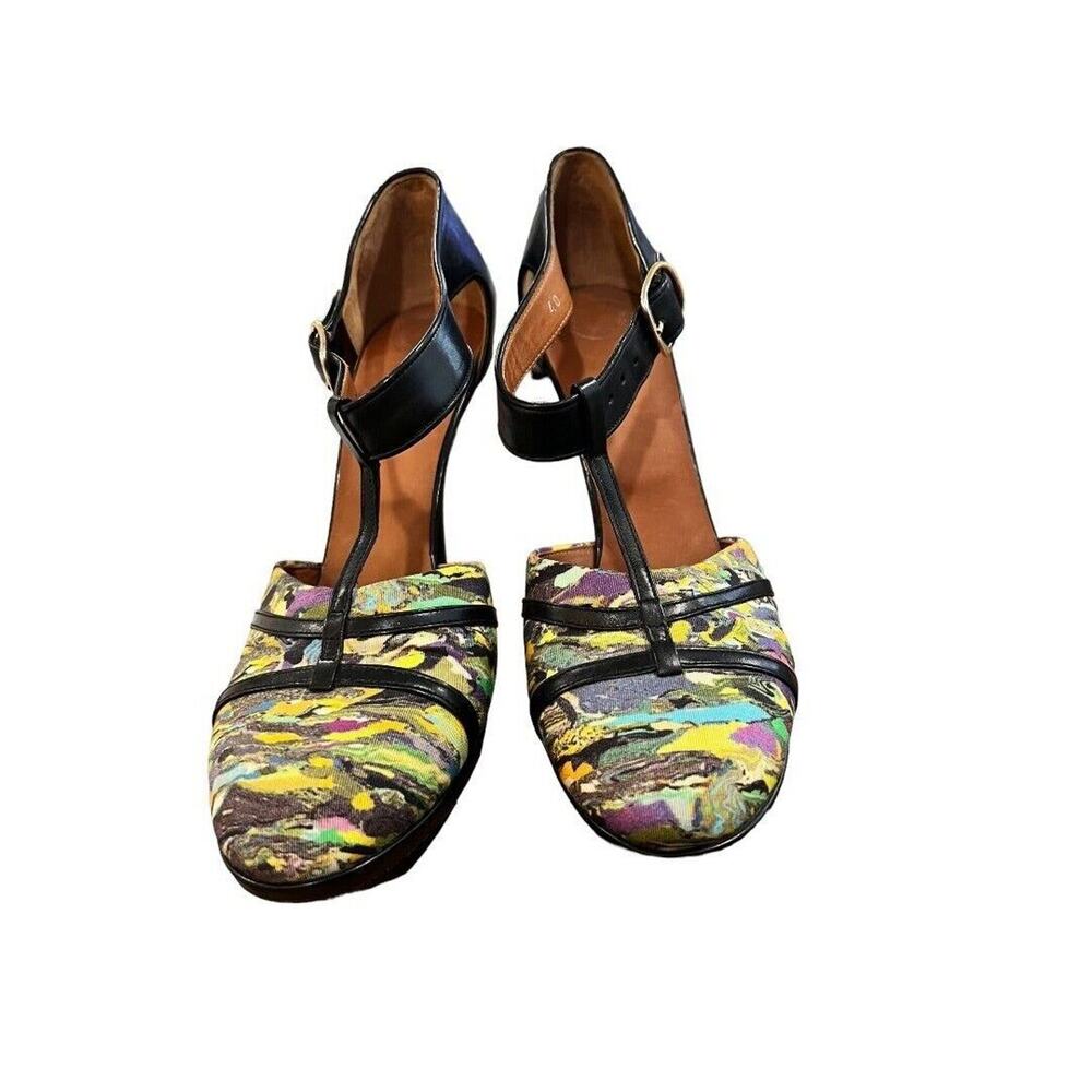 40 (9) Dries Van Noten multi Color T-Strap High Heels Close Toe Leather and Fabr